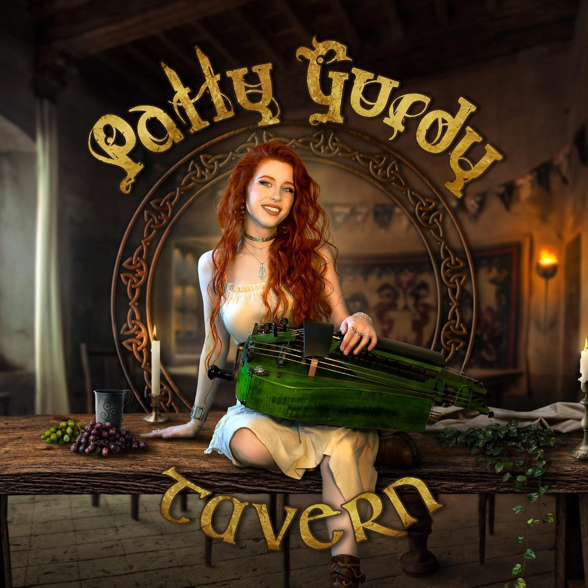 Red-haired woman with a hurdy-gurdy in a rustic tavern setting.