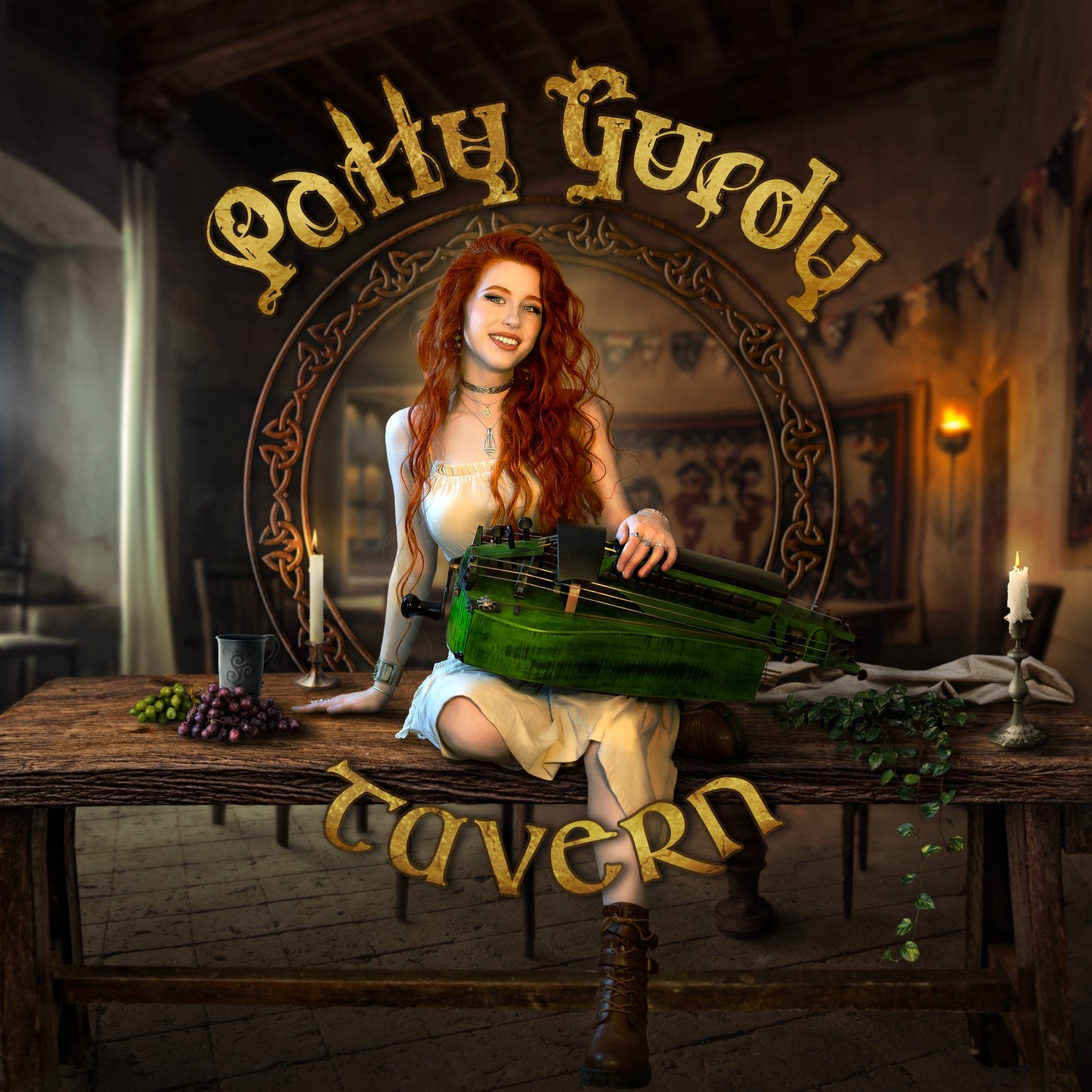 Red-haired woman with a hurdy-gurdy sits at a wooden tavern table.