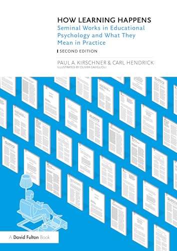 Book cover titled How Learning Happens with a pattern of papers on blue background.