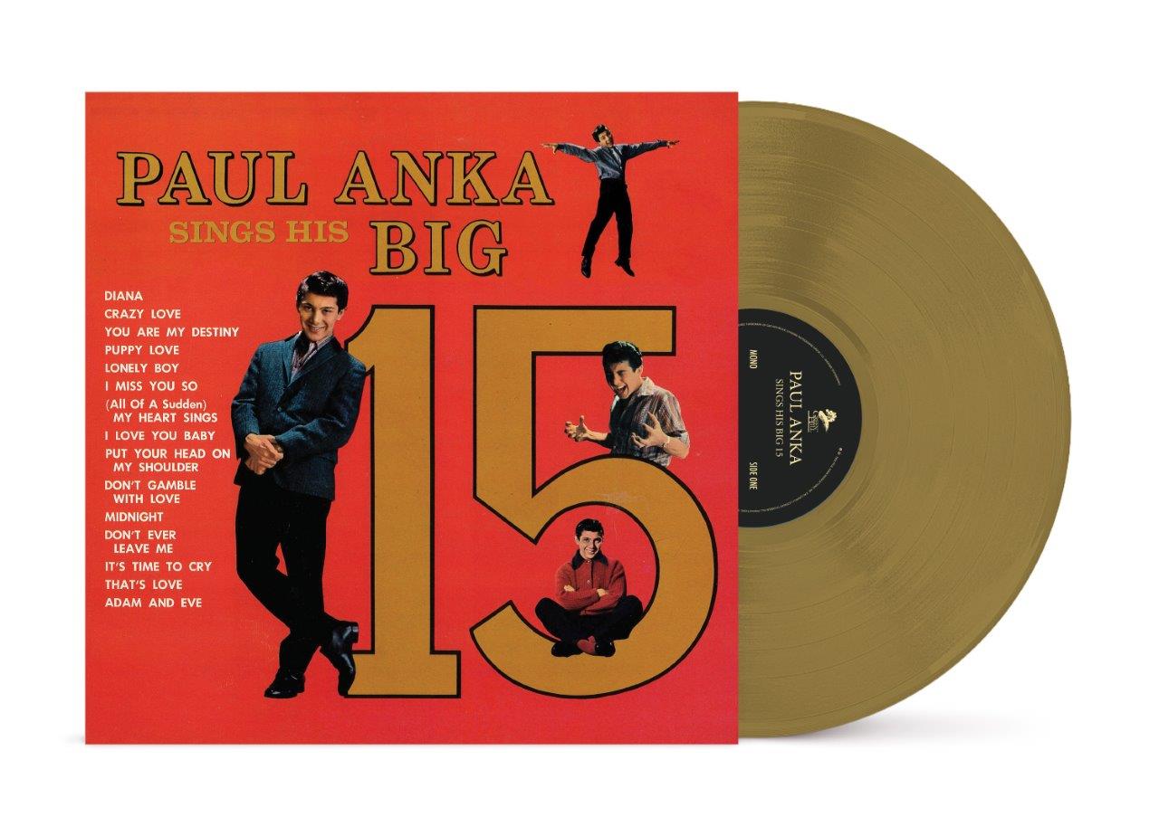 Paul Anka "Sings His Big 15" vinyl record with cover art and gold disc.