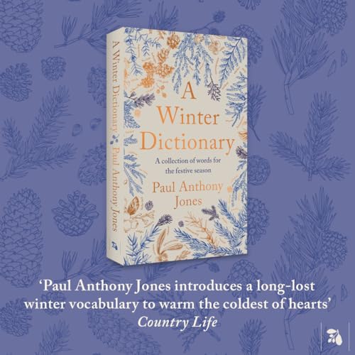Book cover: “A Winter Dictionary” with floral illustrations on a blue background.