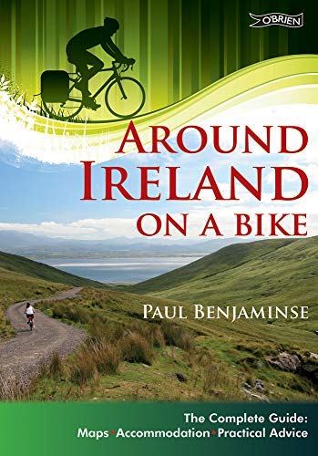 Book cover: cyclist silhouette, green background, Irish landscape, travel guide.