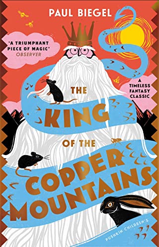Book cover: white bearded king with animals, red and blue design.