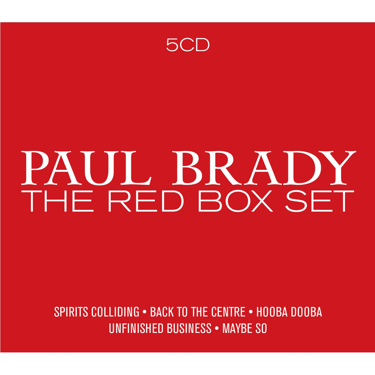 Red box set for Paul Brady’s “The Red Box Set” with song titles.