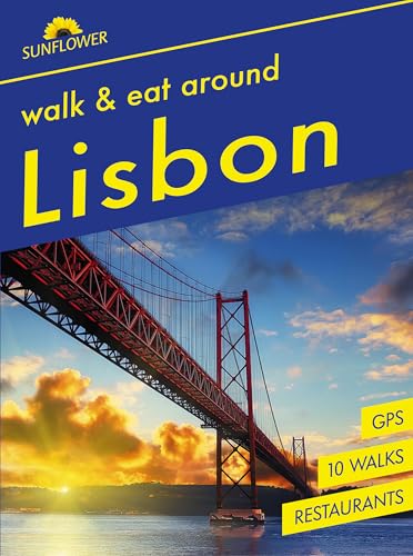 Lisbon travel guide cover with a red suspension bridge at sunset.