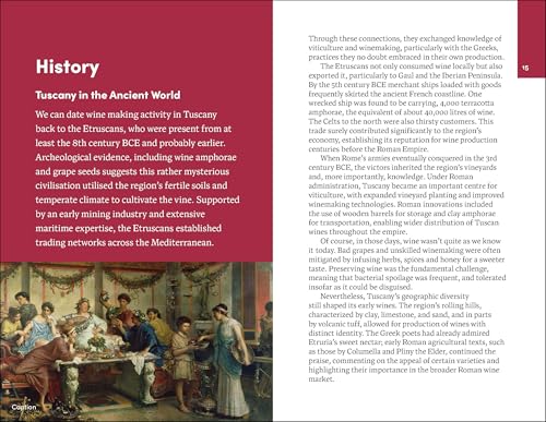 Open book page with text about Tuscany’s wine history and a painting.