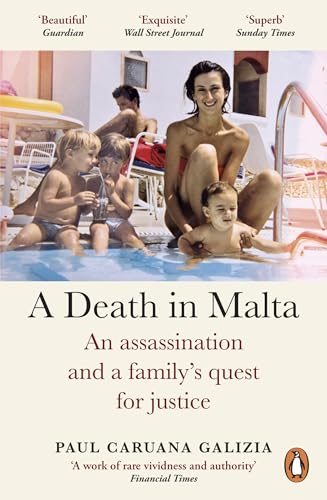 Book cover: family by a pool, title “A Death in Malta”.