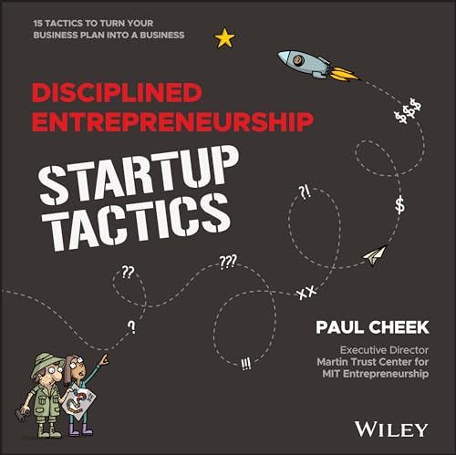 Book cover: "Disciplined Entrepreneurship Startup Tactics" with cartoon illustrations.