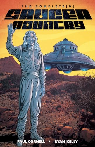 Comic book cover: man waving at a glowing UFO in a desert.