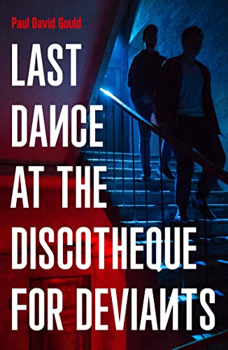 Book cover: two figures on stairs, bold red and blue text.