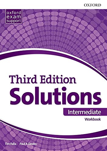 Purple “Solutions Intermediate Workbook” textbook cover, third edition, Oxford publisher.