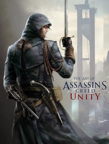 Hooded assassin with sword, guillotine in background, book cover art.