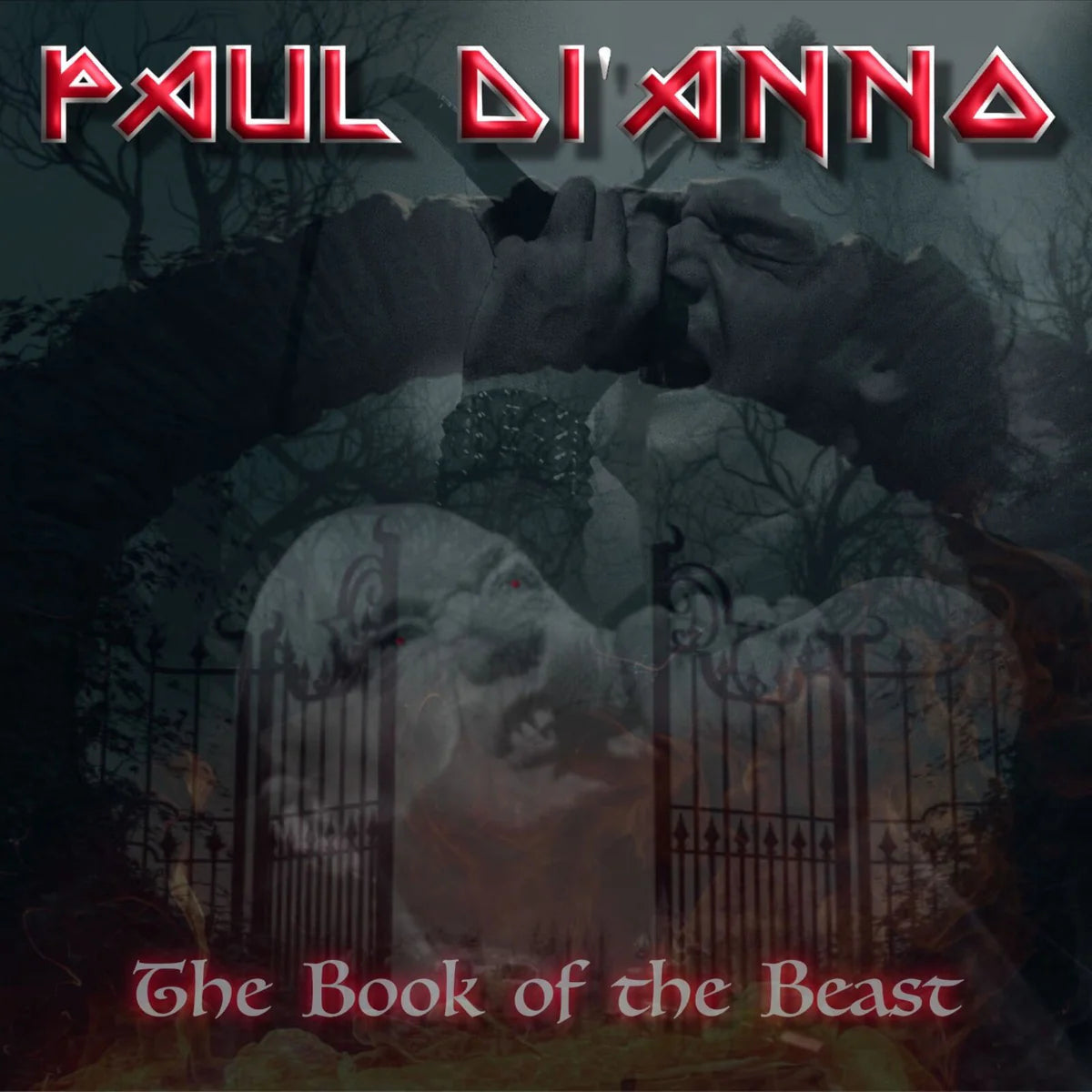 Album cover for "The Book of the Beast" featuring a ghostly graveyard scene.