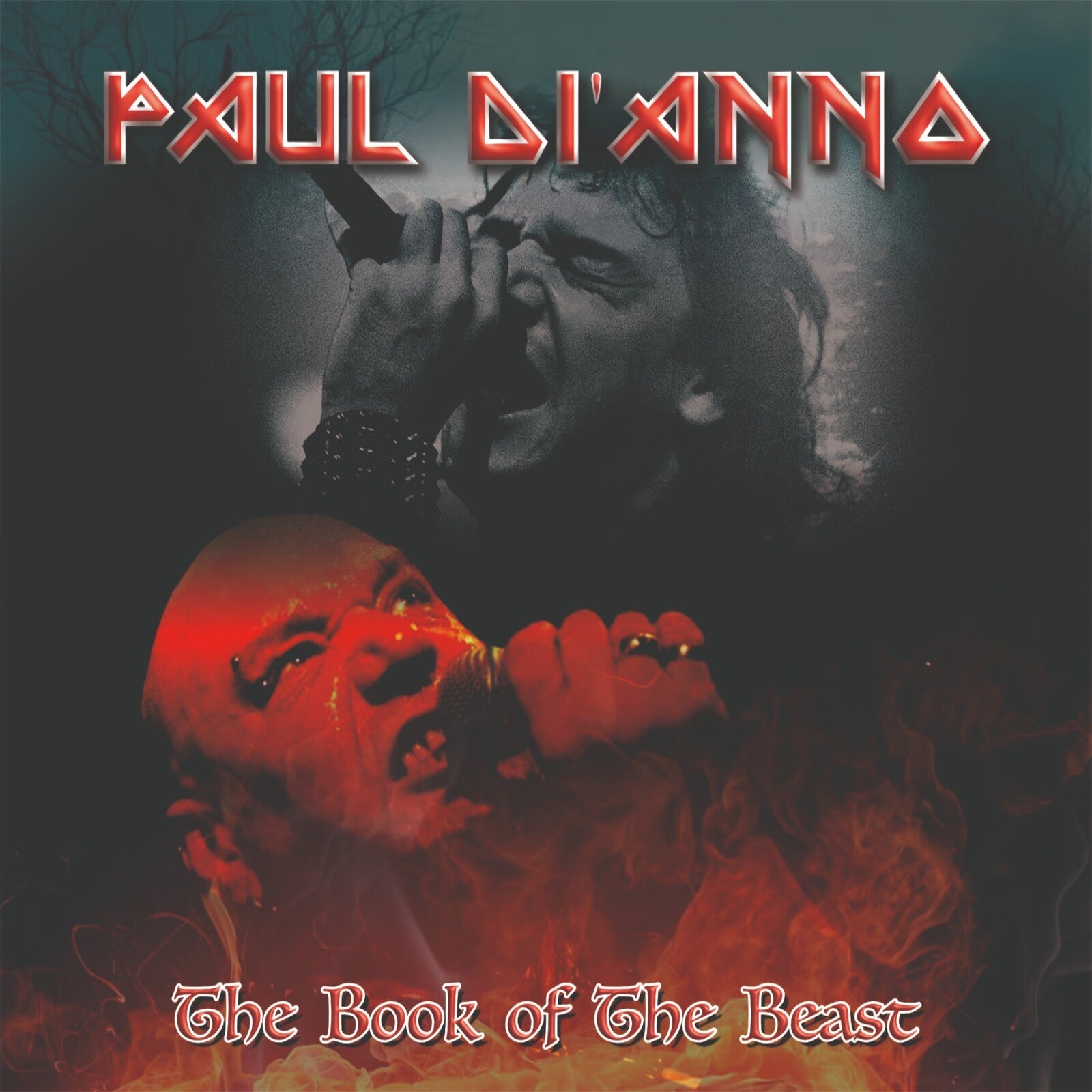 CD cover for Paul Dianno’s “The Book of the Beast” with fiery imagery.