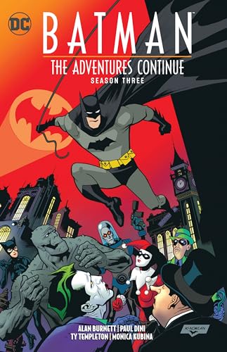 Comic book cover featuring Batman leaping above several of his villains in Gotham City.