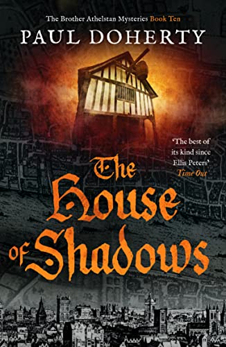 Book cover: dark cityscape with a looming, timber-framed house.