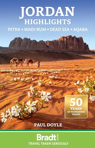 Travel guide cover featuring desert landscape with camels and the word "JORDAN".