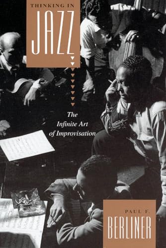 Book cover featuring jazz musicians and sheet music, titled “Thinking in Jazz.”