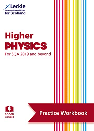 Book cover: "Higher Physics" practice workbook with colorful stripes.