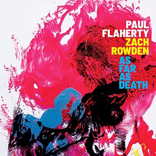 Album cover with abstract pink, blue, and black paint splatters and bold text overlay.