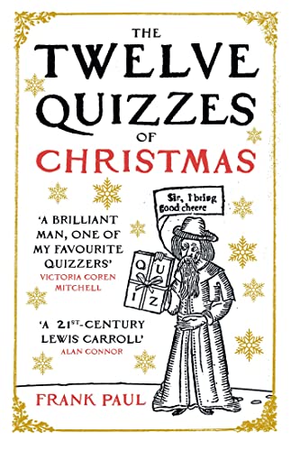 Book cover with festive text, illustration of a man holding a quiz.