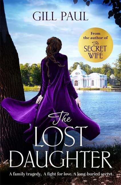 Book cover: woman in purple dress by a lake and ornate building.