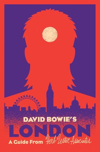 Red silhouette of David Bowie’s head over London skyline, book cover.