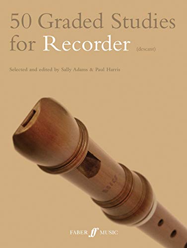 A wooden recorder is shown against a tan background with music book title text.