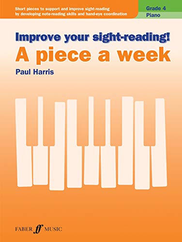 Piano sight-reading book cover, orange and blue, with keyboard illustration.