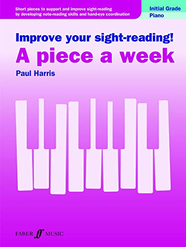 Music book cover titled Improve your sight-reading! A piece a week with piano keys illustration.