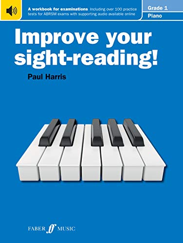 Front cover of Improve your sight-reading Piano Grade 1 book with piano keys illustration.