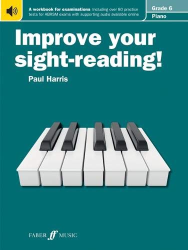 Piano sight-reading workbook, Grade 6, with keyboard image and teal cover.