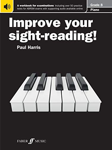 Piano sight-reading workbook, Grade 8, with black and white keys image.