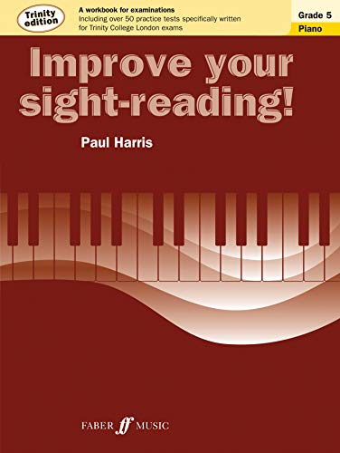 Piano sight-reading workbook, Trinity Edition Grade 5, with keyboard illustration.