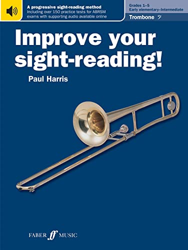 Blue music book cover with trombone image, titled "Improve your sight-reading!".