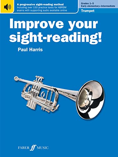 Blue cover of trumpet sight-reading book, Grades 1-5, with trumpet image.