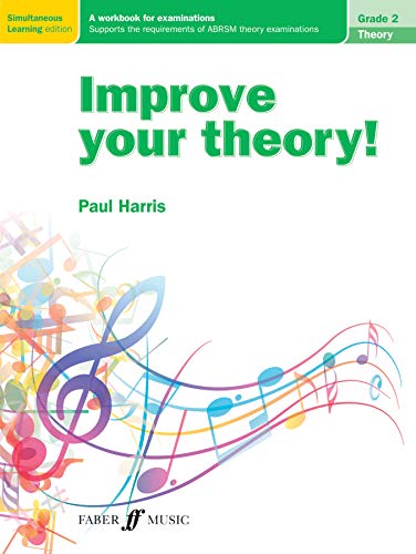Music theory workbook, “Improve Your Theory! Grade 2”, with treble clef.