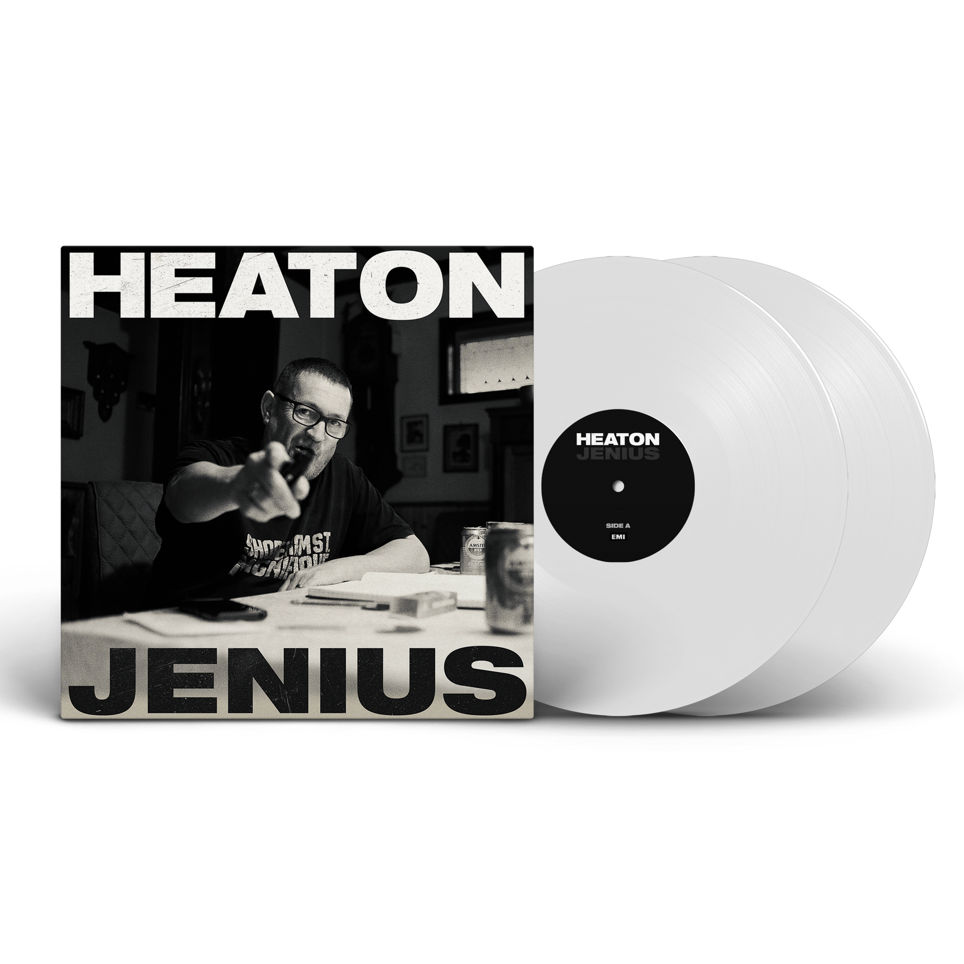 Paul Heaton Jenius album cover with two white vinyl records on a white background.