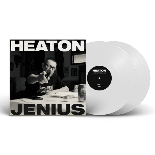 Paul Heaton Jenius album cover with two white vinyl records on a white background.