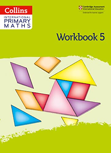 Front cover of Collins International Primary Maths Workbook 5 featuring colorful geometric tangram shapes.