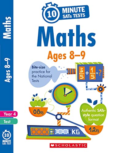 Book cover for maths practice, ages 8-9, with colourful illustrations.