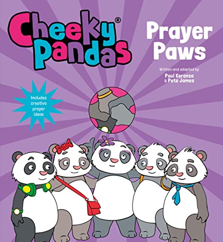 Book cover with cartoon pandas, colorful title "Cheeky Pandas: Prayer Paws".