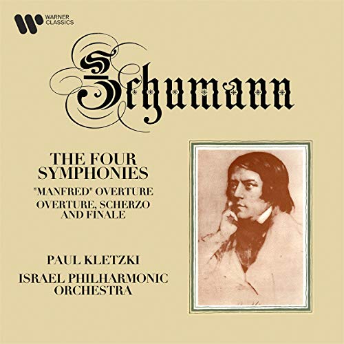 Yellow CD cover with "Schumann" in black, portrait of a man, and text describing contents.
