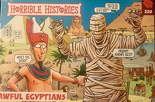 Cartoon image of an Egyptian mummy, pharaoh, and pyramids for a puzzle.