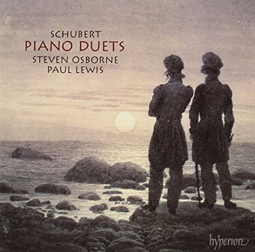 Cover of "Schubert: Piano Duets" CD with two figures overlooking a rocky shore.