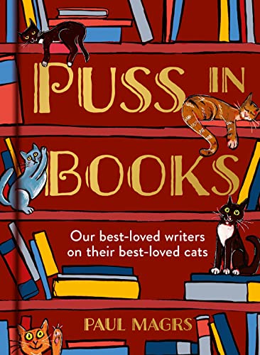 Book cover with illustrated cats among colorful stacks of books.