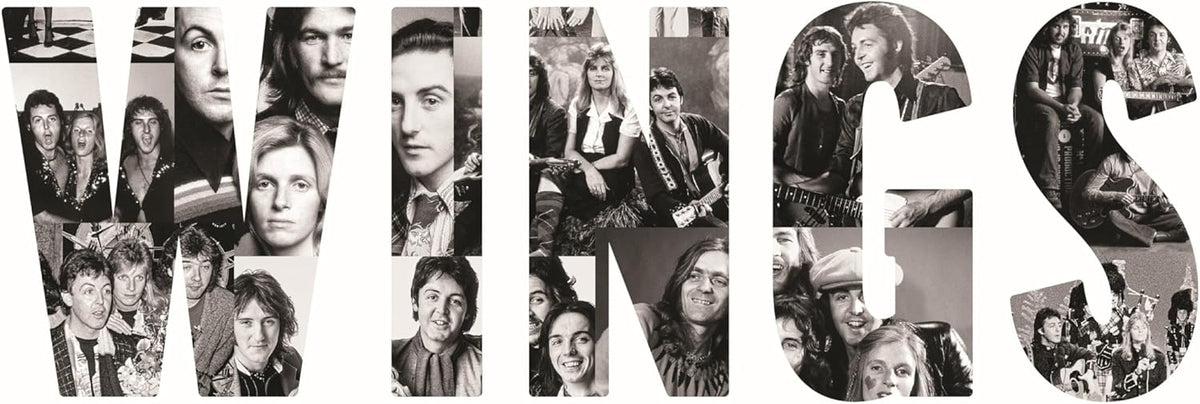 Black and white collage forming the word "WINGS" with band photos.