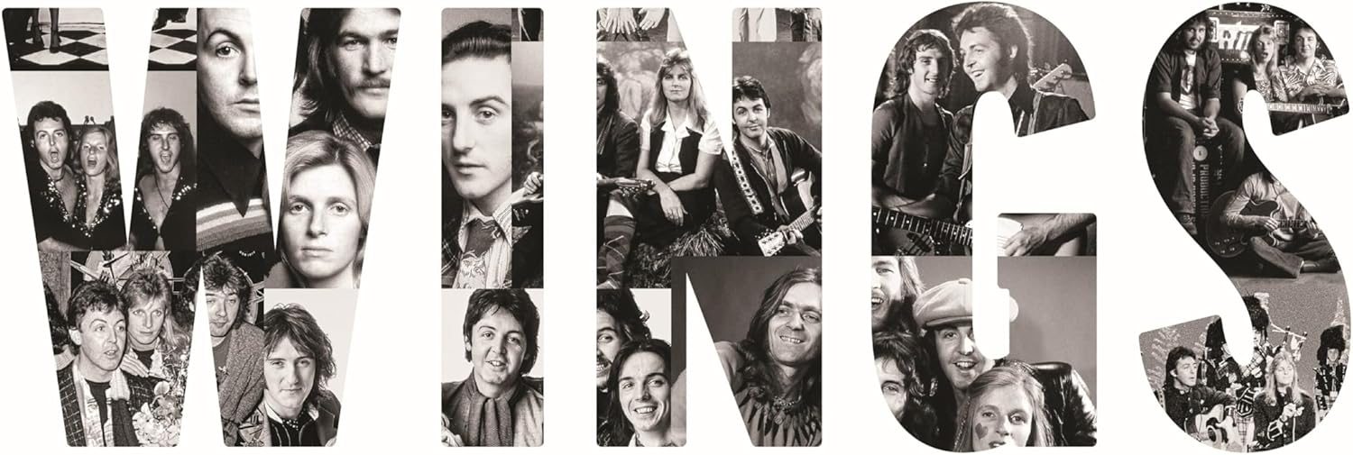 Black and white collage forming the word "WINGS" with band members’ portraits.