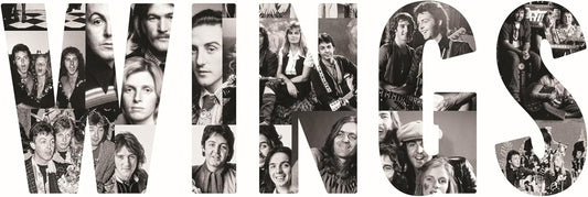 Black and white collage forming the word "WINGS" with band members’ portraits.