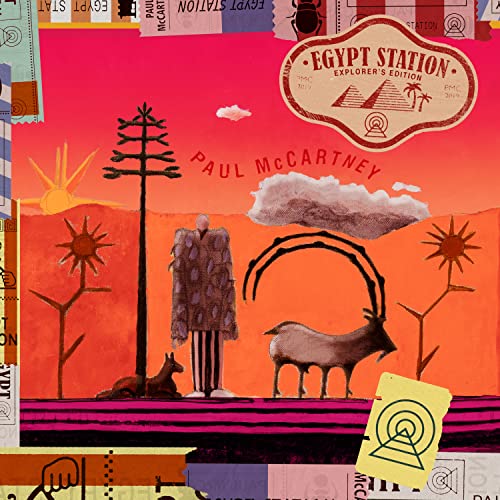Surreal illustration of a figure and ibex in an orange landscape with travel stamps.